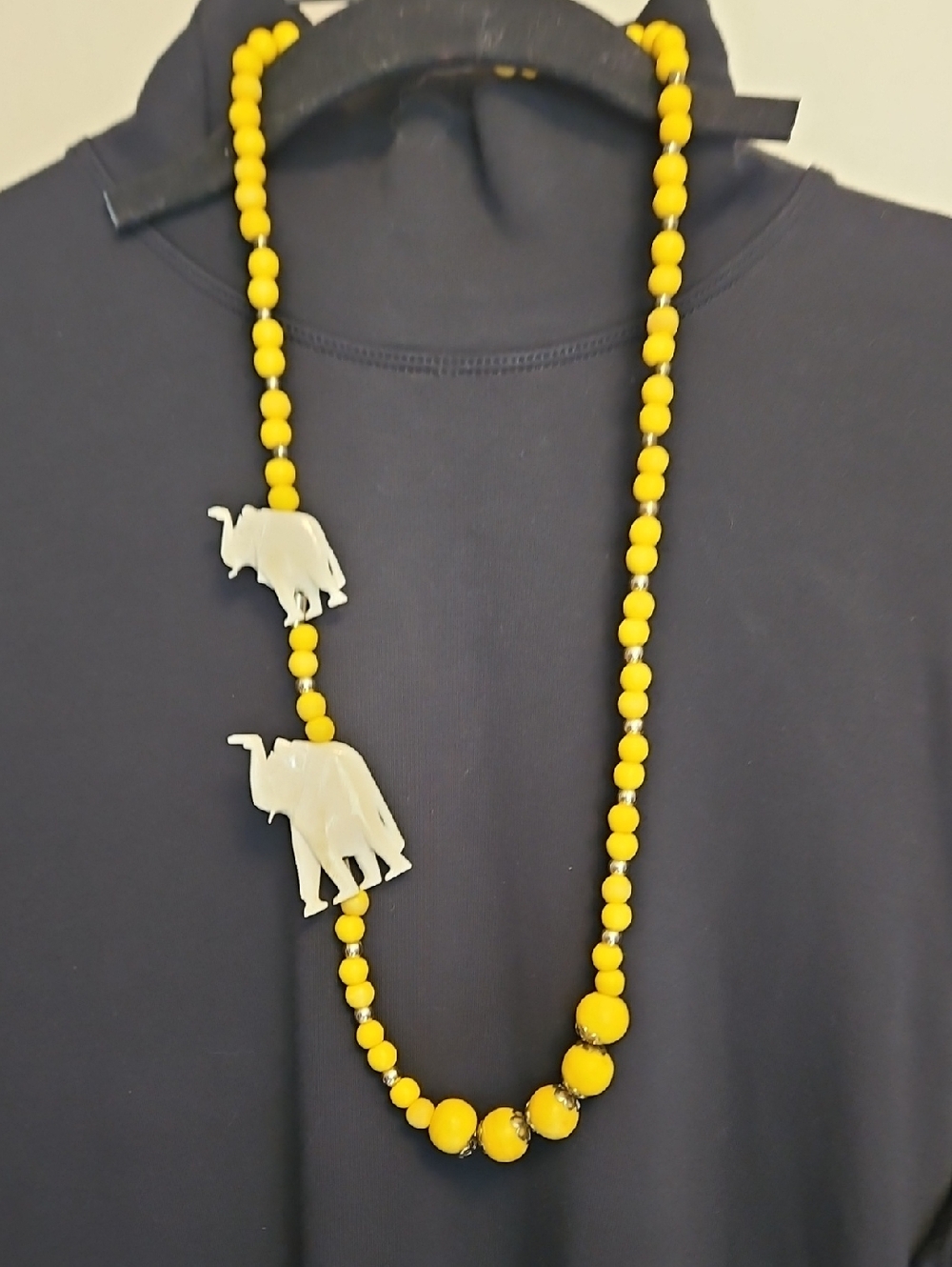 Hand Crafted Vintage Yellow Bead Necklace with White Elephant Pendants